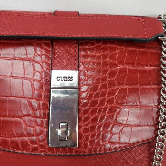 Guess Red Croc Textured Silver Chain Strap Shoulder Bag/Cross Body Purse - Picture 4 of 15